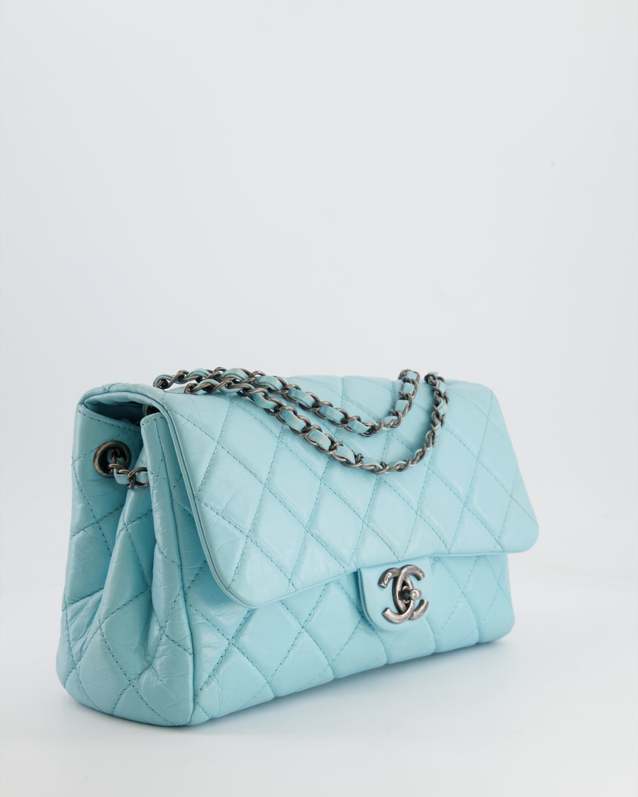 Chanel Baby Blue Single Flap Bag in Aged Calfskin Leather with Ruthenium Hardware