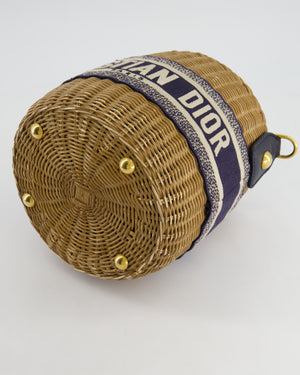 Christian Dior Dioriviera Bucket Bag in Natural Wicker and Blue Canvas With Gold Hardware