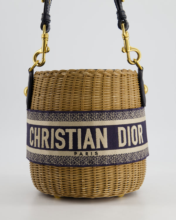 Christian Dior Dioriviera Bucket Bag in Natural Wicker and Blue Canvas With Gold Hardware