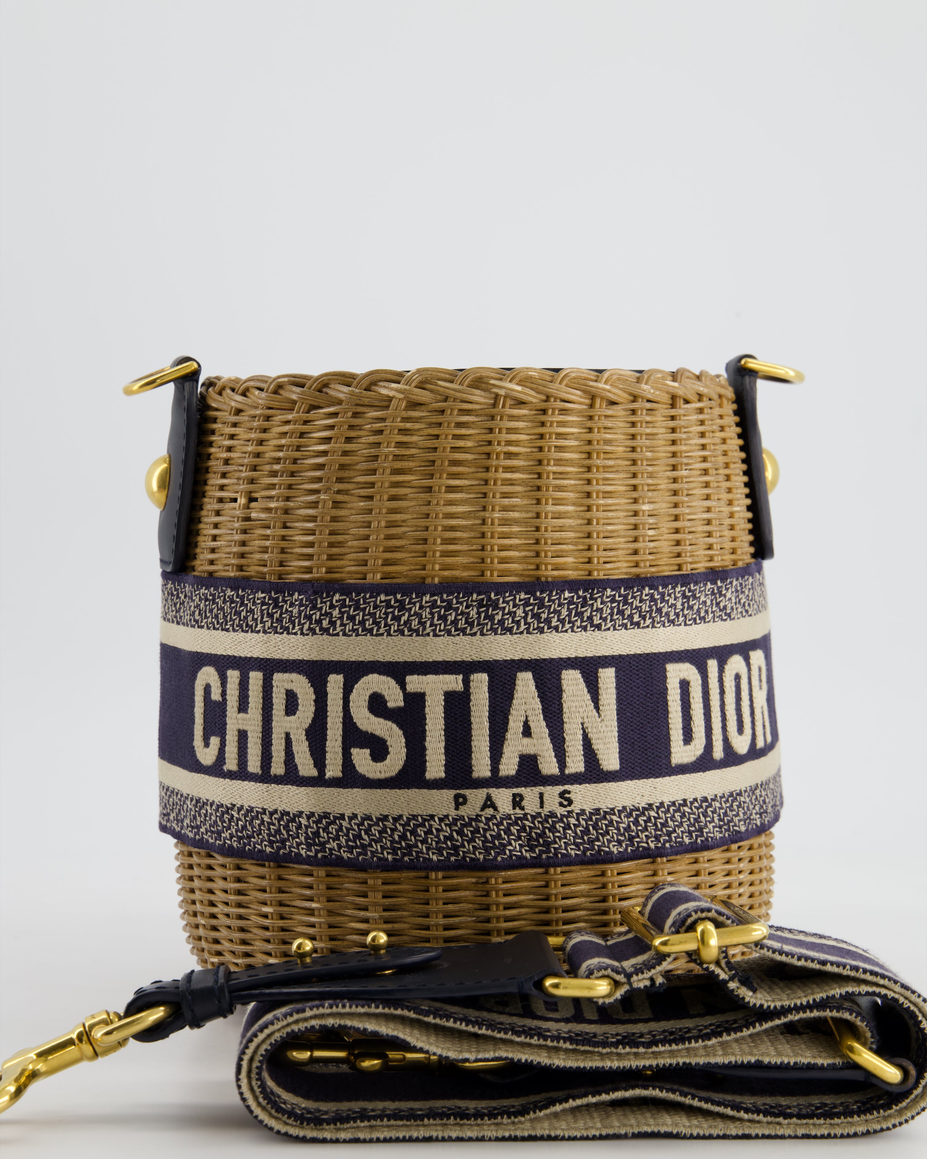 Christian Dior Dioriviera Bucket Bag in Natural Wicker and Blue Canvas Sellier