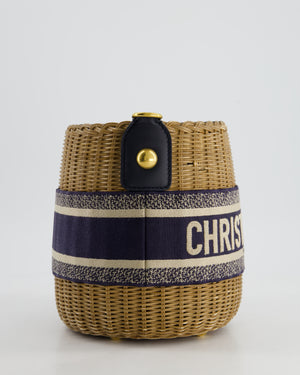 Christian Dior Dioriviera Bucket Bag in Natural Wicker and Blue Canvas With Gold Hardware