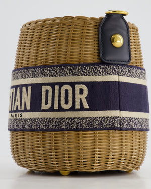 Christian Dior Dioriviera Bucket Bag in Natural Wicker and Blue Canvas With Gold Hardware