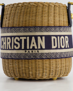 Christian Dior Dioriviera Bucket Bag in Natural Wicker and Blue Canvas With Gold Hardware