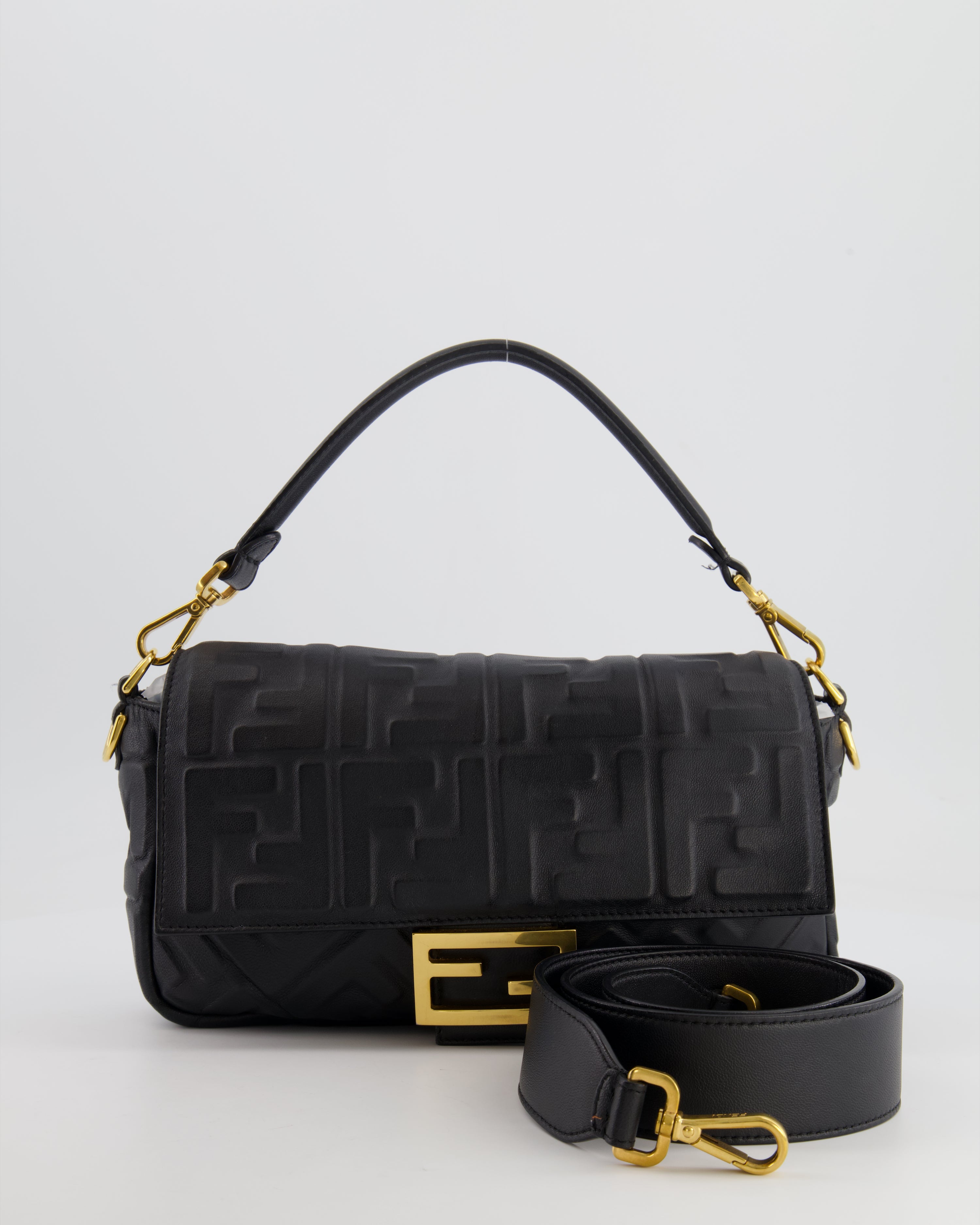 Fendi Black Leather Baguette Bag with Gold Hardware RRP 2 550 Sellier