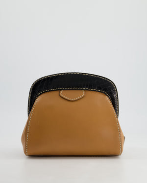 Prada Brown Leather Clutch Bag with Black Alligator Trim and Contrast Stitching