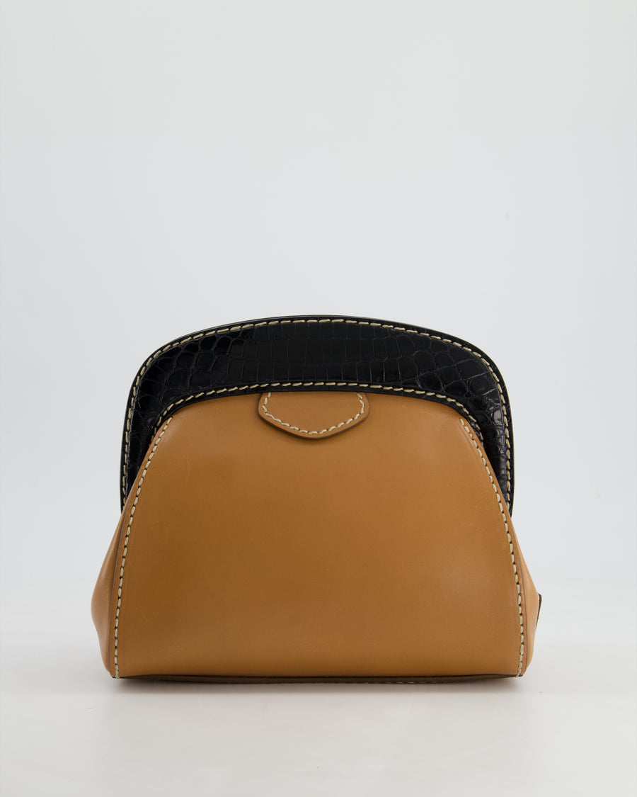 Prada Brown Vintage Leather Clutch Bag with Black Alligator Trim and Contrast Stitching