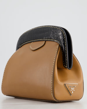 Prada Brown Leather Clutch Bag with Black Alligator Trim and Contrast Stitching