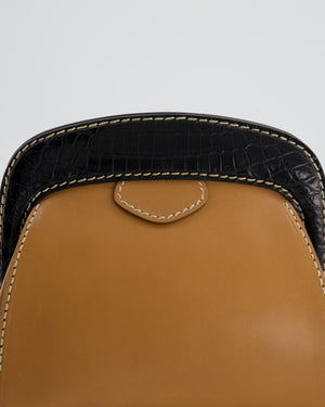 Prada Brown Leather Clutch Bag with Black Alligator Trim and Contrast Stitching