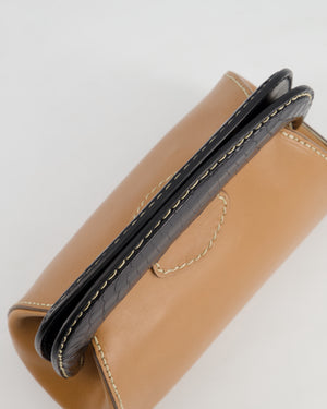 Prada Brown Leather Clutch Bag with Black Alligator Trim and Contrast Stitching