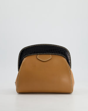 Prada Brown Leather Clutch Bag with Black Alligator Trim and Contrast Stitching