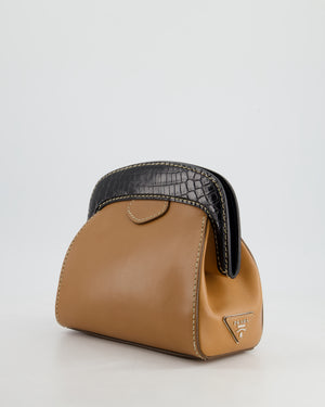 Prada Brown Leather Clutch Bag with Black Alligator Trim and Contrast Stitching