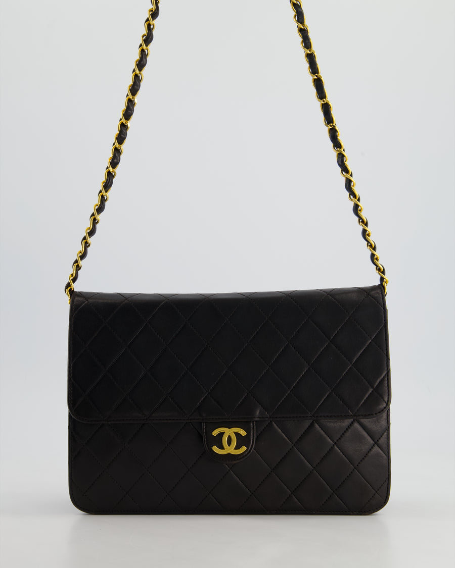 Chanel Vintage Black Square Medium Single Flap Bag with 24K Gold Hardware