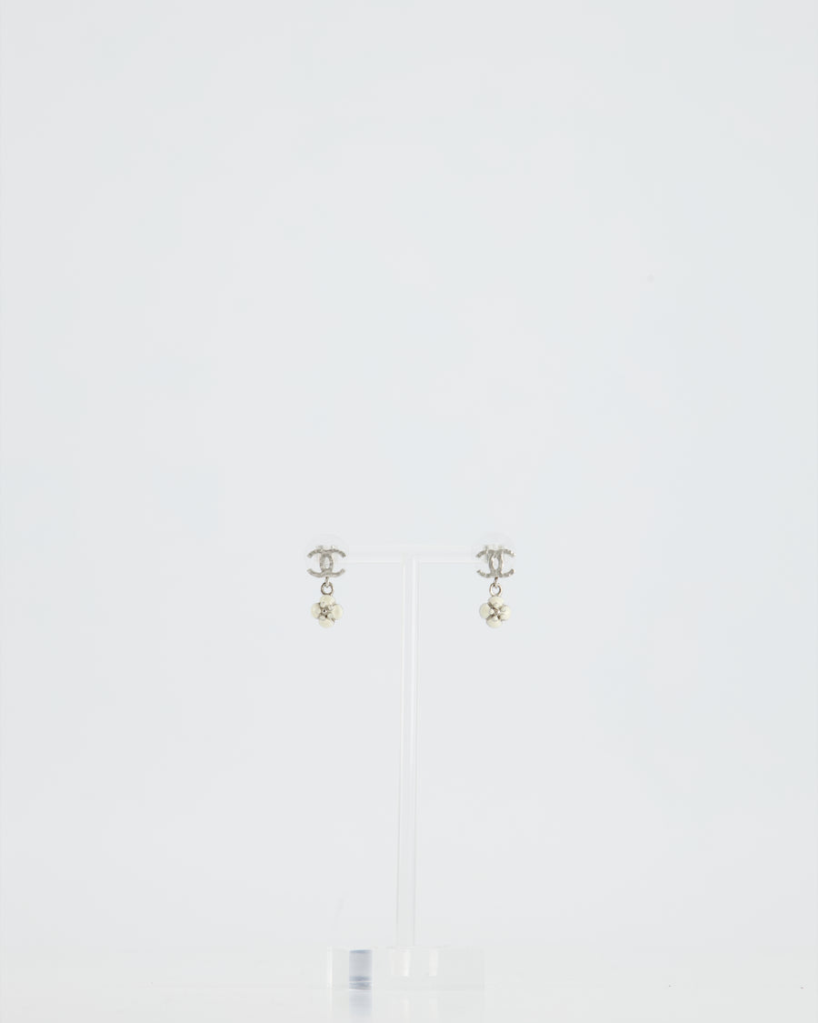 Chanel B2013 Small Silver Textured CC with Ecru Cameila Charm Drop Earrings