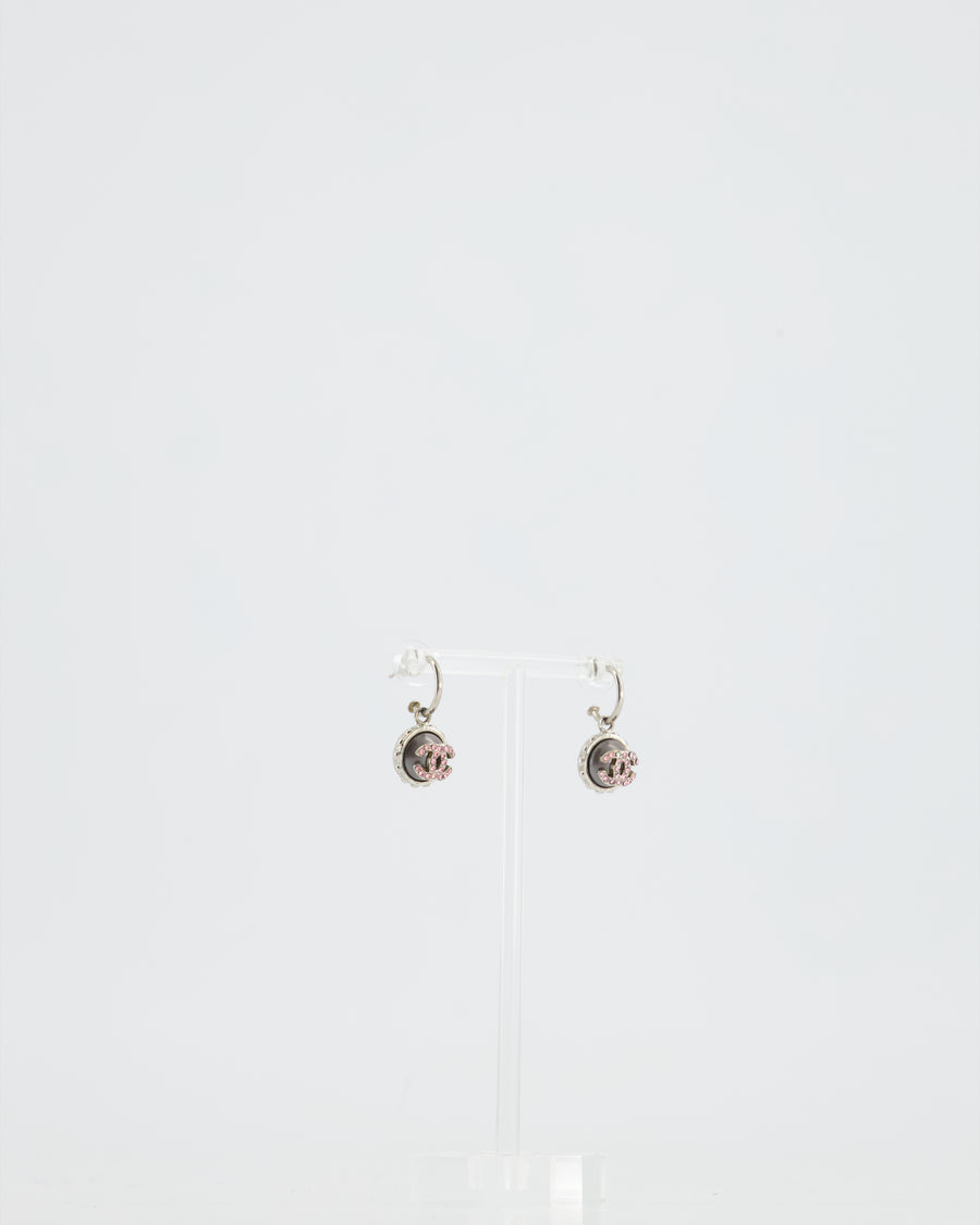 Chanel 2002C Small Silver, Grey Pearl with Pink Crystal CC Logo Earrings