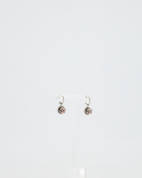 Chanel 2002C Small Silver, Grey Pearl with Pink Crystal CC Logo Earrings