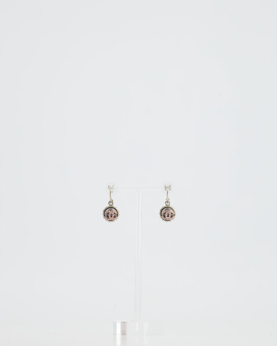 Chanel 2002C Small Silver, Grey Pearl with Pink Crystal CC Logo Earrings