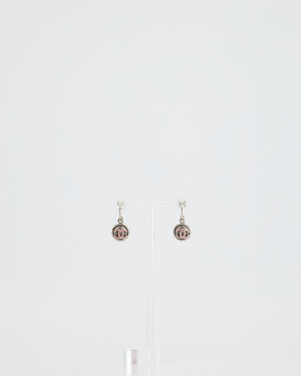 Chanel 2002C Small Silver, Grey Pearl with Pink Crystal CC Logo Earrings