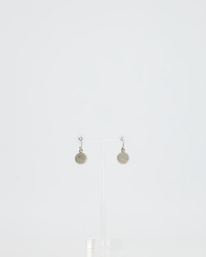 Chanel 2002C Small Silver, Grey Pearl with Pink Crystal CC Logo Earrings