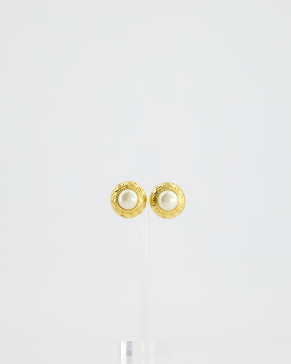 Chanel Vintage Gold Round Logo with Pearl Clip-On Earrings