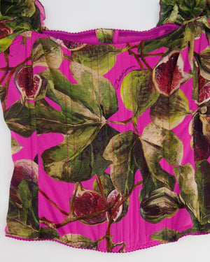 Dolce & Gabbana Pink Fig Printed Silk Corset Top with Puffy Sleeves Size IT 42 (UK 10) RRP £1,050