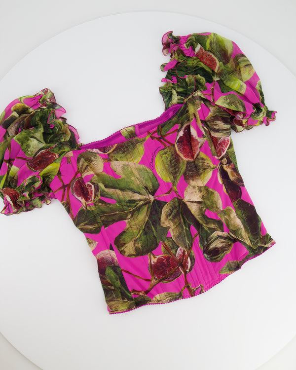 Dolce & Gabbana Pink Fig Printed Silk Corset Top with Puffy Sleeves Size IT 42 (UK 10) RRP £1,050