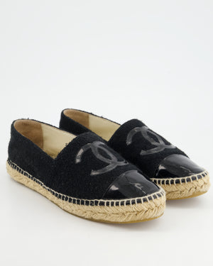 *FIRE PRICE* Chanel Black Terry CC Logo Espadrilles with Patent Leather Detail Size EU 42