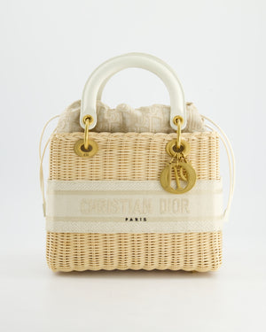 Christian Dior Medium Dioriviera Lady Dior Basket Bag in Natural Wicker and White Canvas With Gold Hardware