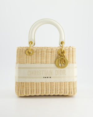 Christian Dior Medium Dioriviera Lady Dior Basket Bag in Natural Wicker and White Canvas With Gold Hardware