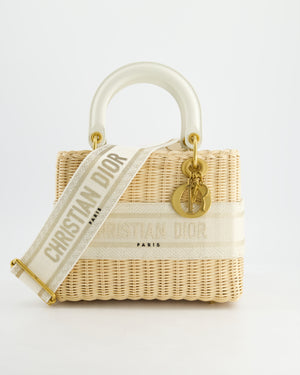 Christian Dior Medium Dioriviera Lady Dior Basket Bag in Natural Wicker and White Canvas With Gold Hardware