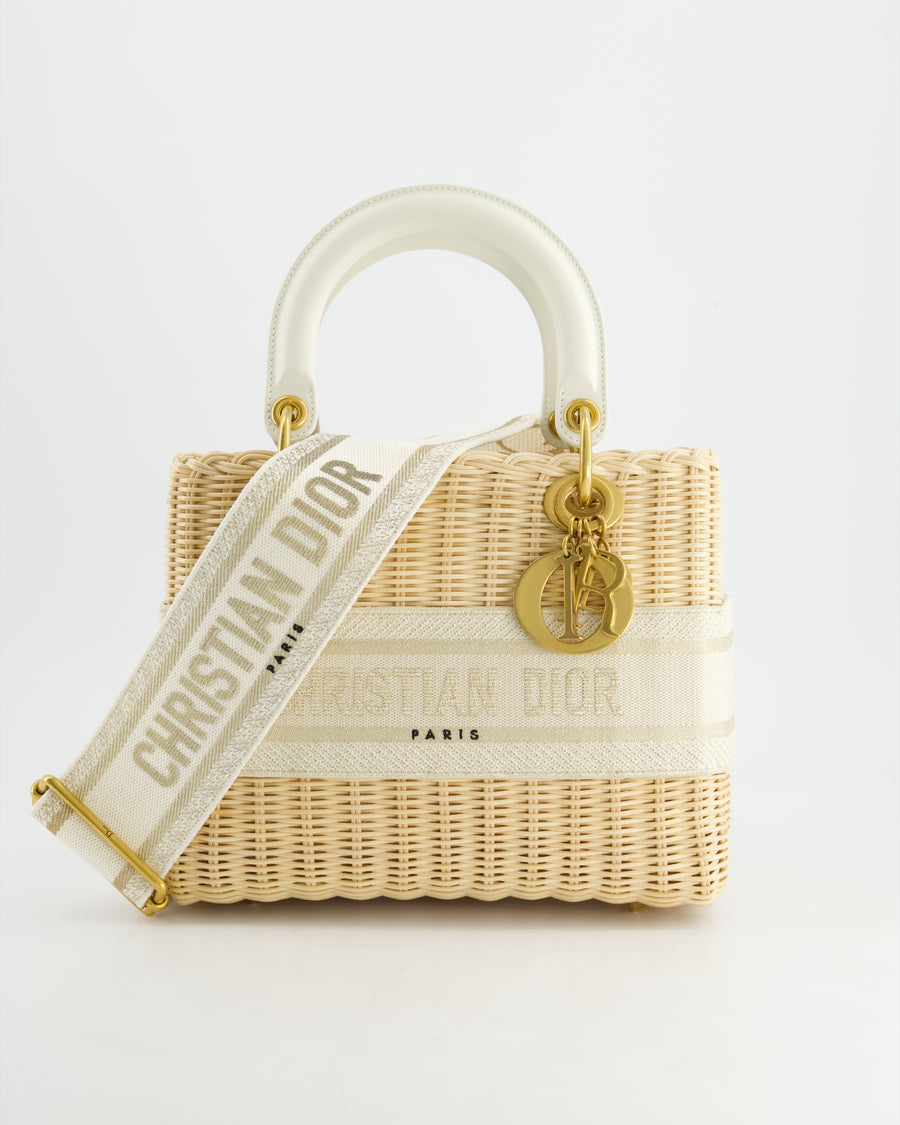 Christian Dior Medium Dioriviera Lady Dior Basket Bag in Natural Wicker and White Canvas With Gold Hardware