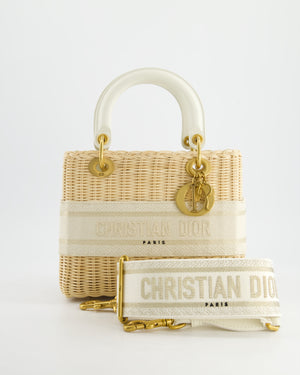 Christian Dior Medium Dioriviera Lady Dior Basket Bag in Natural Wicker and White Canvas With Gold Hardware