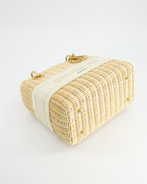 Christian Dior Medium Dioriviera Lady Dior Basket Bag in Natural Wicker and White Canvas With Gold Hardware