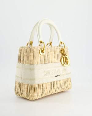 Christian Dior Medium Dioriviera Lady Dior Basket Bag in Natural Wicker and White Canvas With Gold Hardware