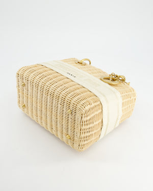 Christian Dior Medium Dioriviera Lady Dior Basket Bag in Natural Wicker and White Canvas With Gold Hardware