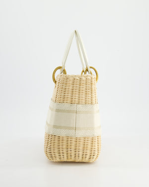 Christian Dior Medium Dioriviera Lady Dior Basket Bag in Natural Wicker and White Canvas With Gold Hardware