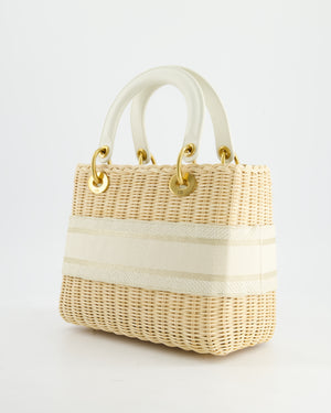 Christian Dior Medium Dioriviera Lady Dior Basket Bag in Natural Wicker and White Canvas With Gold Hardware