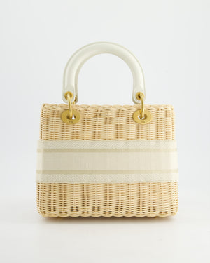 Christian Dior Medium Dioriviera Lady Dior Basket Bag in Natural Wicker and White Canvas With Gold Hardware