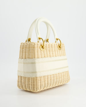 Christian Dior Medium Dioriviera Lady Dior Basket Bag in Natural Wicker and White Canvas With Gold Hardware