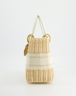 Christian Dior Medium Dioriviera Lady Dior Basket Bag in Natural Wicker and White Canvas With Gold Hardware