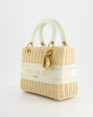 Christian Dior Medium Dioriviera Lady Dior Basket Bag in Natural Wicker and White Canvas With Gold Hardware