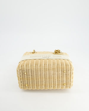 Christian Dior Medium Dioriviera Lady Dior Basket Bag in Natural Wicker and White Canvas With Gold Hardware