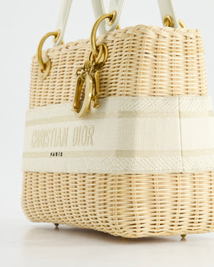 Christian Dior Medium Dioriviera Lady Dior Basket Bag in Natural Wicker and White Canvas With Gold Hardware