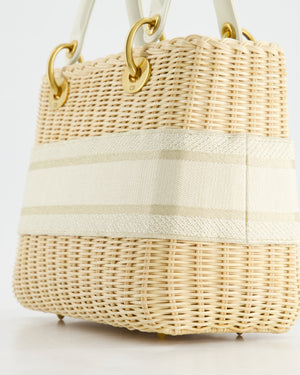 Christian Dior Medium Dioriviera Lady Dior Basket Bag in Natural Wicker and White Canvas With Gold Hardware