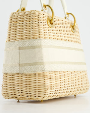 Christian Dior Medium Dioriviera Lady Dior Basket Bag in Natural Wicker and White Canvas With Gold Hardware