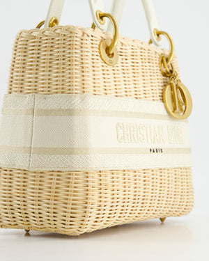 Christian Dior Medium Dioriviera Lady Dior Basket Bag in Natural Wicker and White Canvas With Gold Hardware