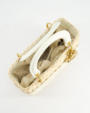 Christian Dior Medium Dioriviera Lady Dior Basket Bag in Natural Wicker and White Canvas With Gold Hardware