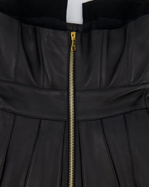 Balmain Black Leather Cut-Out Bustier Pleated Mini Dress Size FR 34/36 (UK 6/8) RRP £3,650