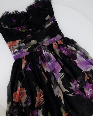 Dolce & Gabbana Black and Purple Floral Silk Corset Bandeau Dress with Lace Details Size IT 38 (UK 6)