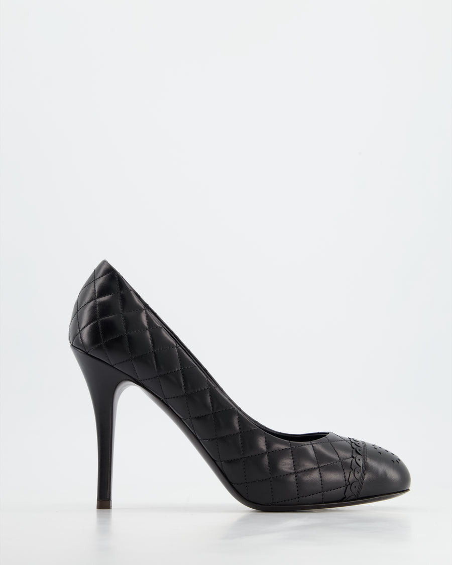 Chanel Black Round Toe Heels with Quilted Leather Detail Size EU 40.5