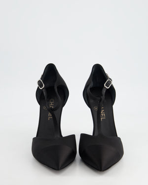 Chanel Black Satin Ankle Strap Pump Heels with CC Hardware Detail Size EU 40